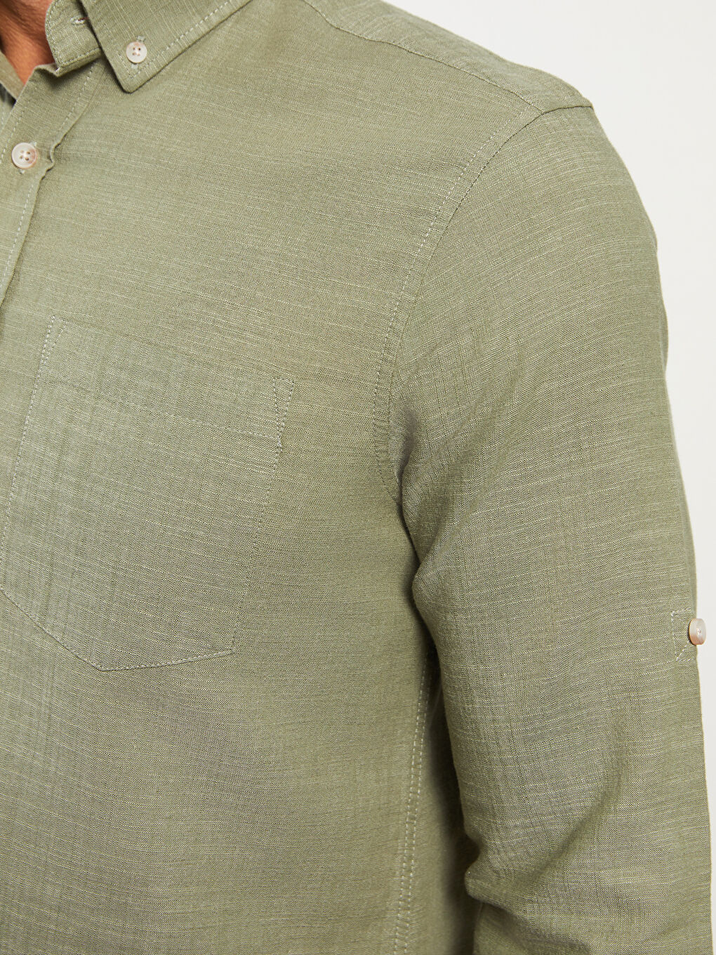 Yeşil Regular Fit Uzun Kollu Keten Karışımlı Erkek Gömlek-3