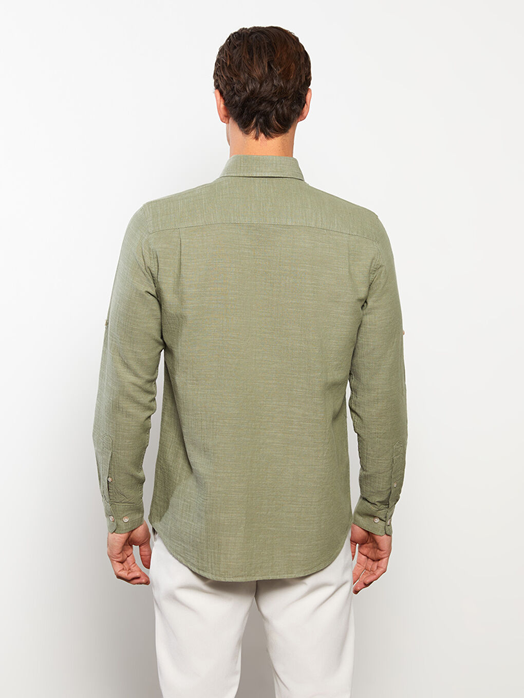 Yeşil Regular Fit Uzun Kollu Keten Karışımlı Erkek Gömlek-4