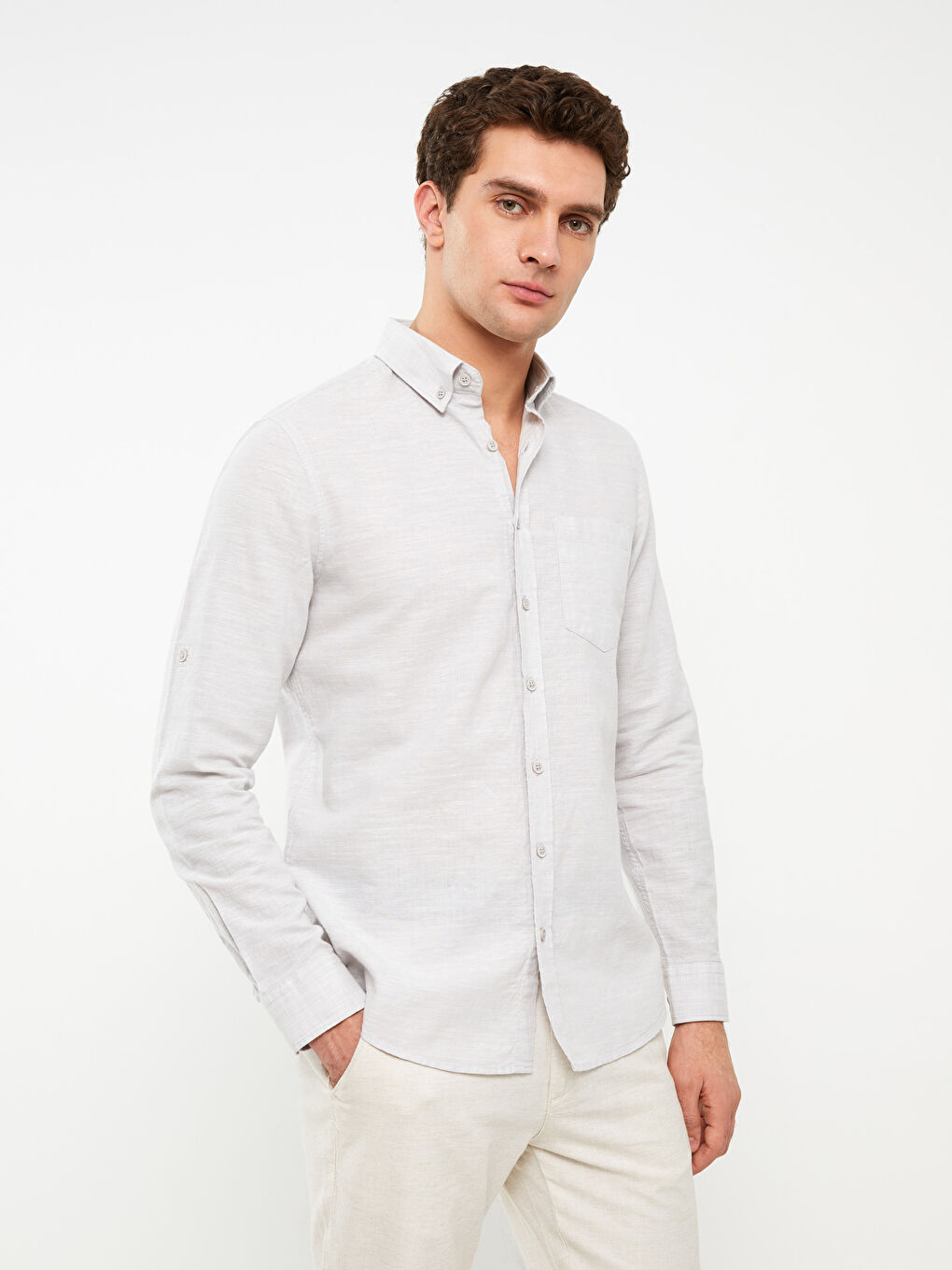 Regular Fit Long Sleeve Linen Blend Men's Shirt-1