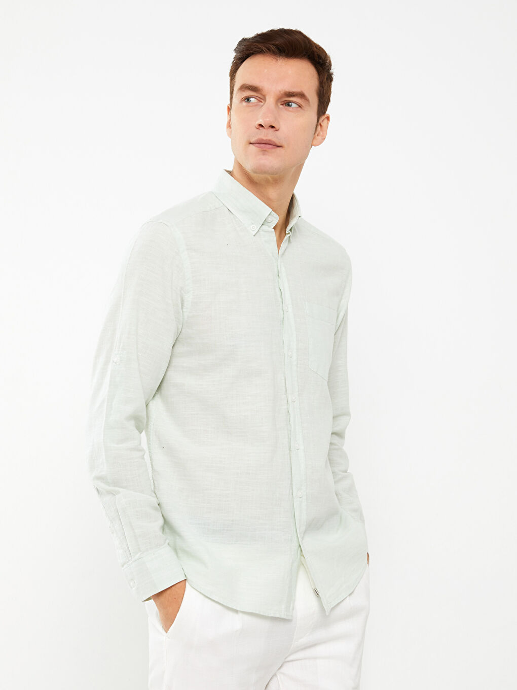 Yeşil Regular Fit Uzun Kollu Keten Karışımlı Erkek Gömlek-1