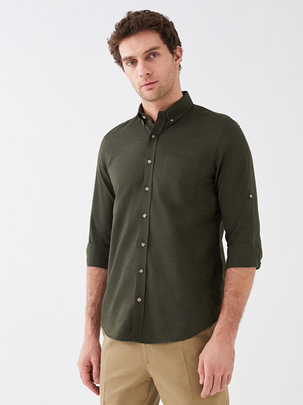 Haki Regular Fit Uzun Kollu Keten Karışımlı Erkek Gömlek