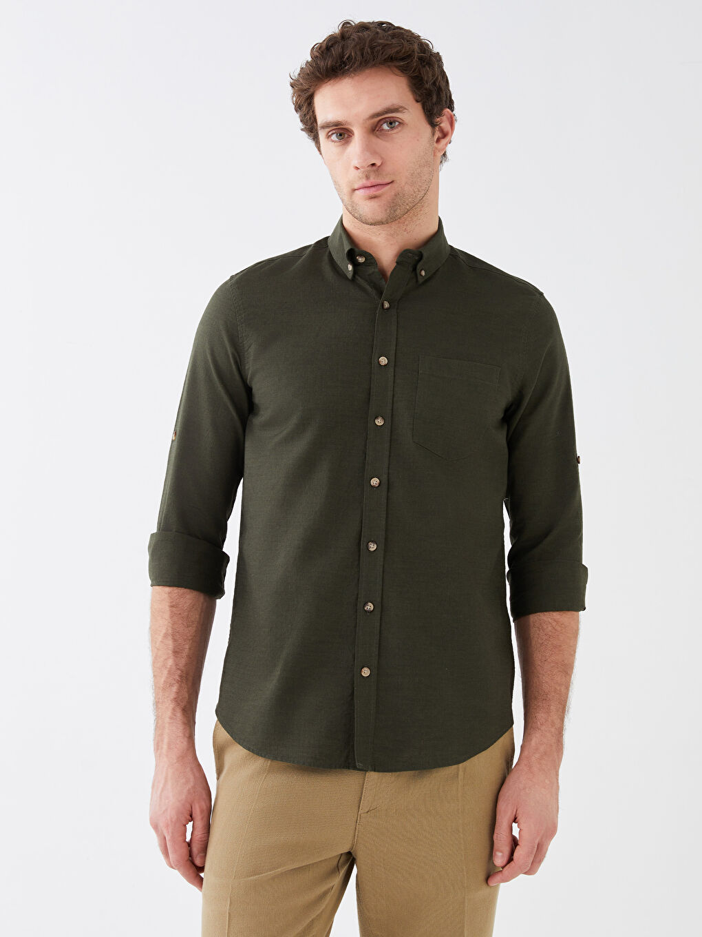 Haki Regular Fit Uzun Kollu Keten Karışımlı Erkek Gömlek-1
