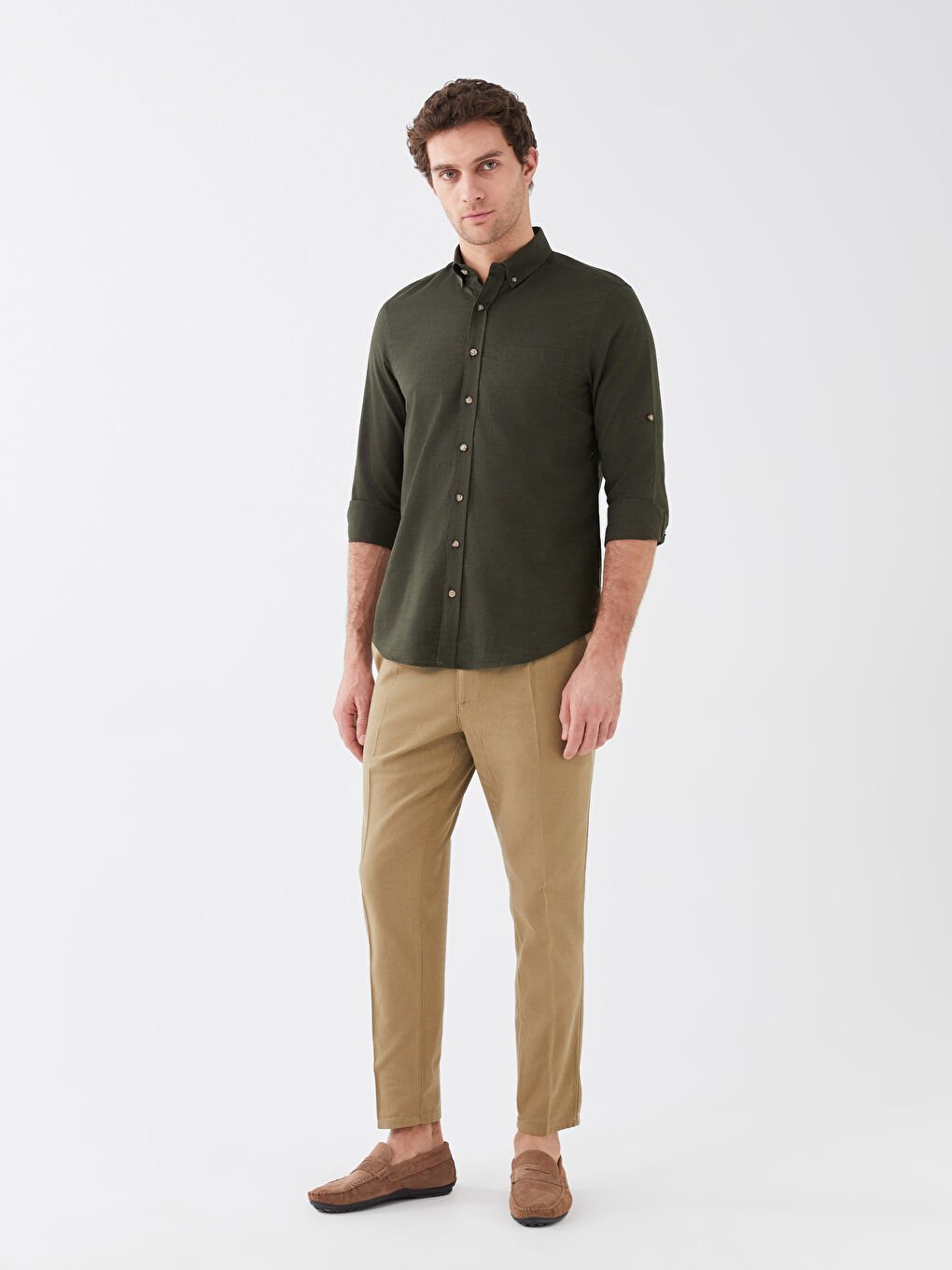 Haki Regular Fit Uzun Kollu Keten Karışımlı Erkek Gömlek-2