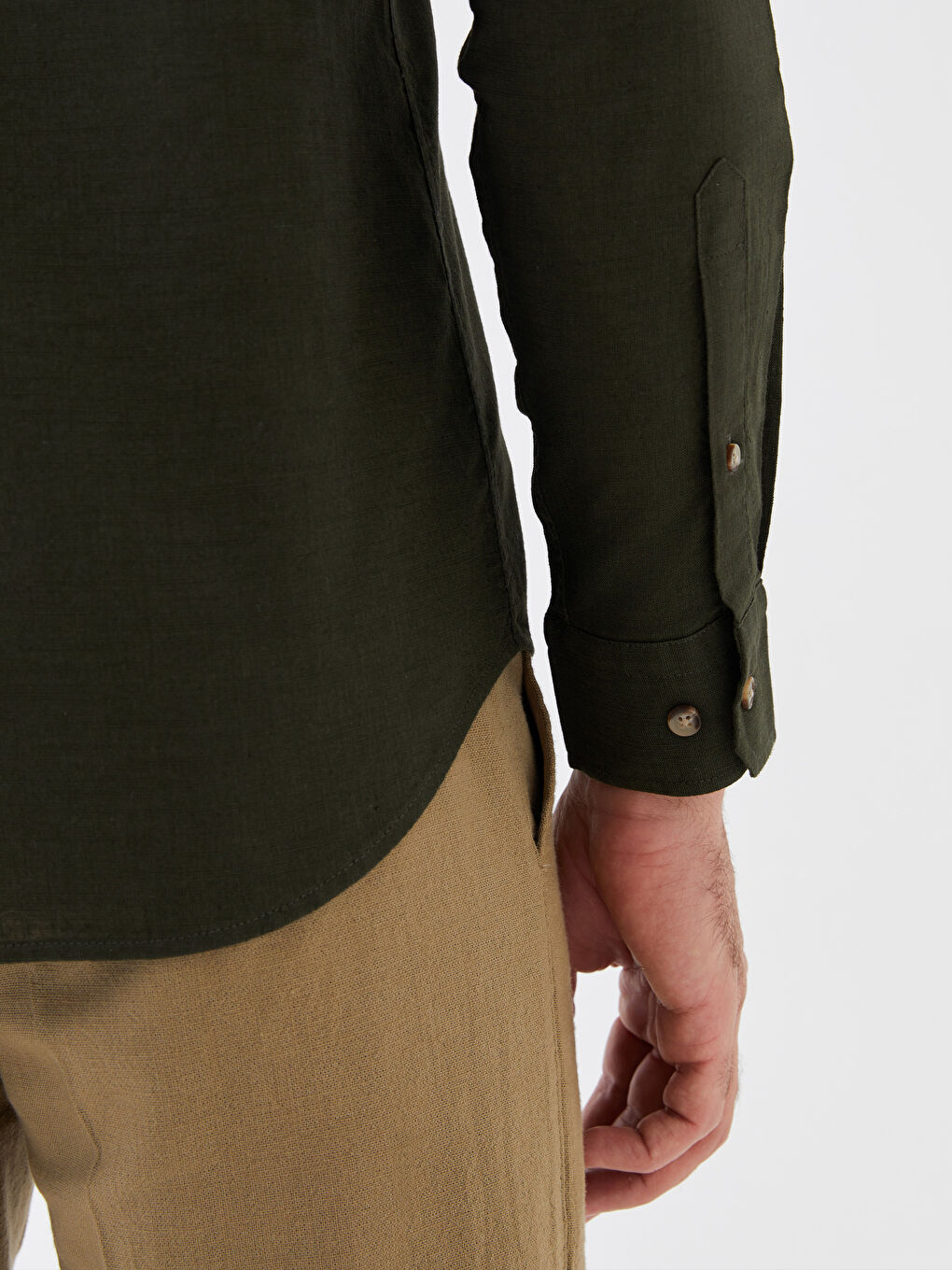 Haki Regular Fit Uzun Kollu Keten Karışımlı Erkek Gömlek-3