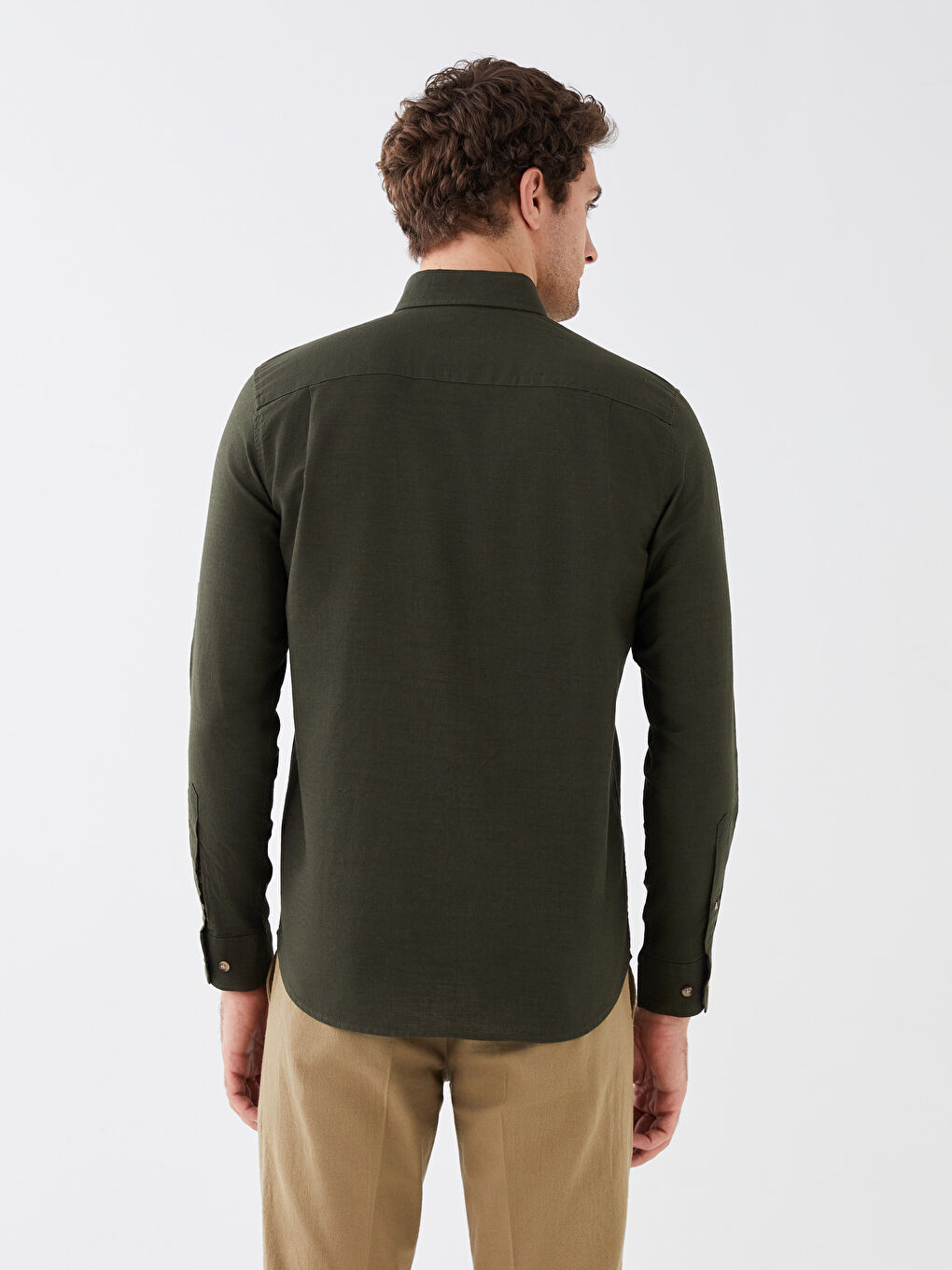 Haki Regular Fit Uzun Kollu Keten Karışımlı Erkek Gömlek-4