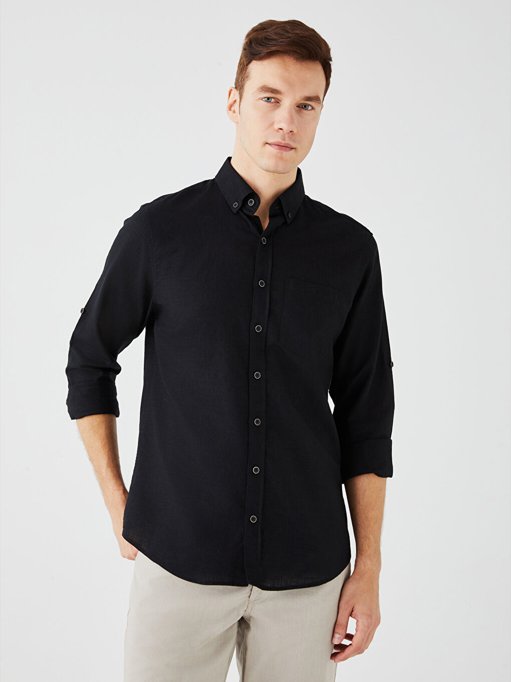Siyah Regular Fit Uzun Kollu Keten Karışımlı Erkek Gömlek