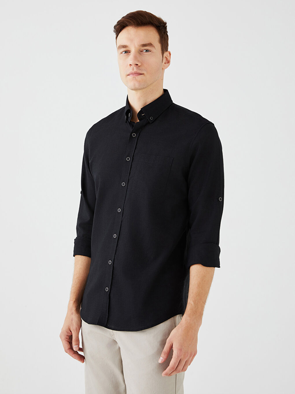 Siyah Regular Fit Uzun Kollu Keten Karışımlı Erkek Gömlek-1