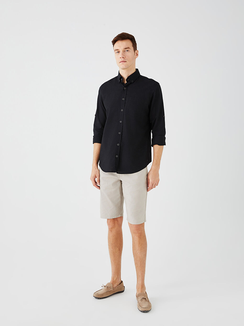 Siyah Regular Fit Uzun Kollu Keten Karışımlı Erkek Gömlek-2