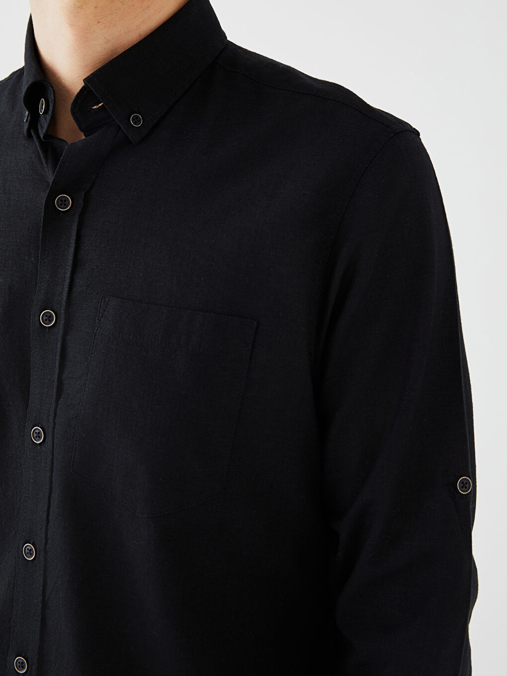 Siyah Regular Fit Uzun Kollu Keten Karışımlı Erkek Gömlek-3