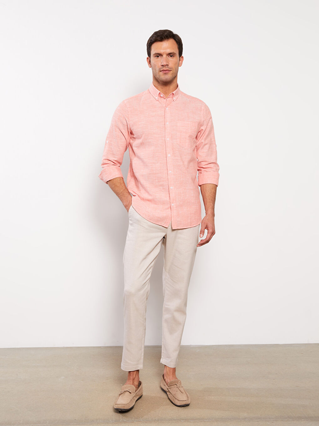 Regular Fit Long Sleeve Linen Blend Men's Shirt-2