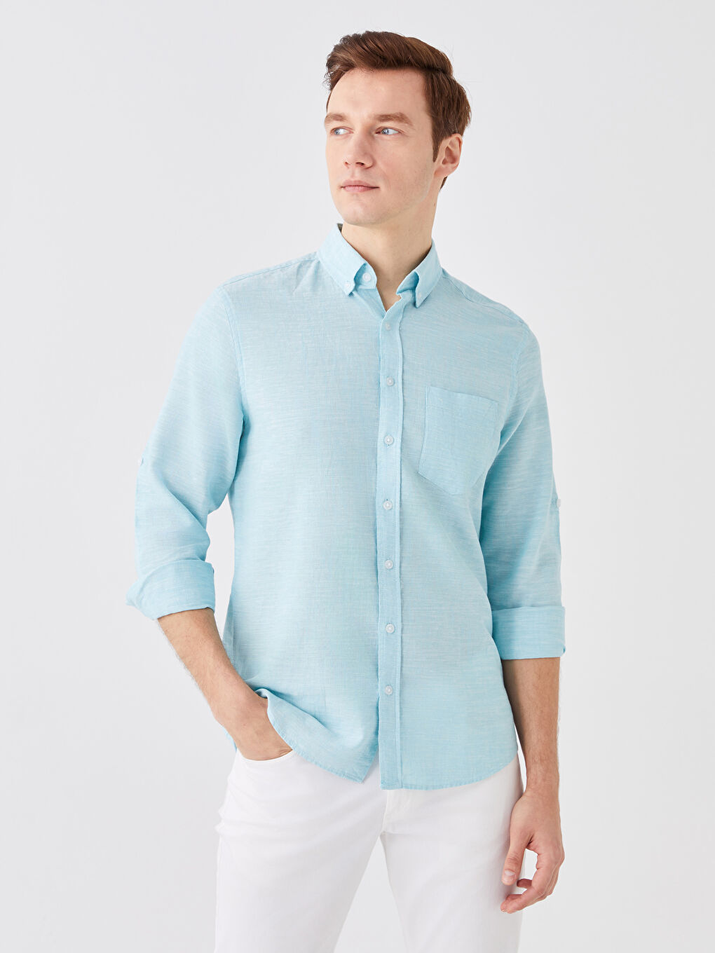 Turkuaz Regular Fit Uzun Kollu Keten Karışımlı Erkek Gömlek