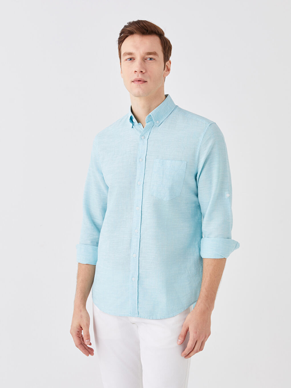 Turkuaz Regular Fit Uzun Kollu Keten Karışımlı Erkek Gömlek-1