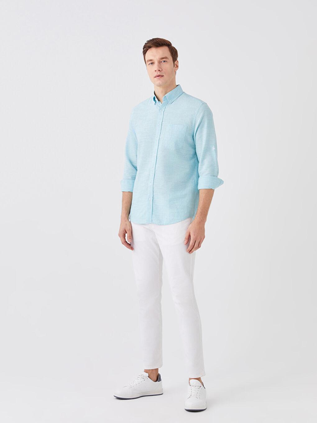 Turkuaz Regular Fit Uzun Kollu Keten Karışımlı Erkek Gömlek-2