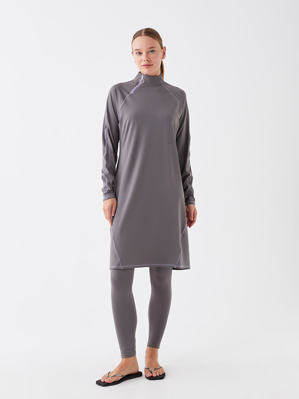 Stand Up Collar Straight Long Sleeve Women Hijab Swimsuit Set -S30096Z8-H0M