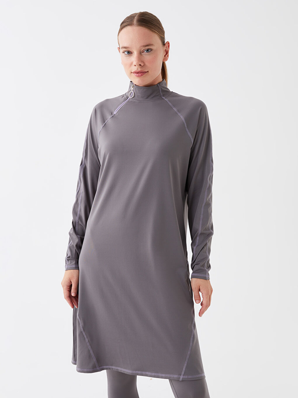 Stand Up Collar Straight Long Sleeve Women Hijab Swimsuit Set -S30096Z8-H0M