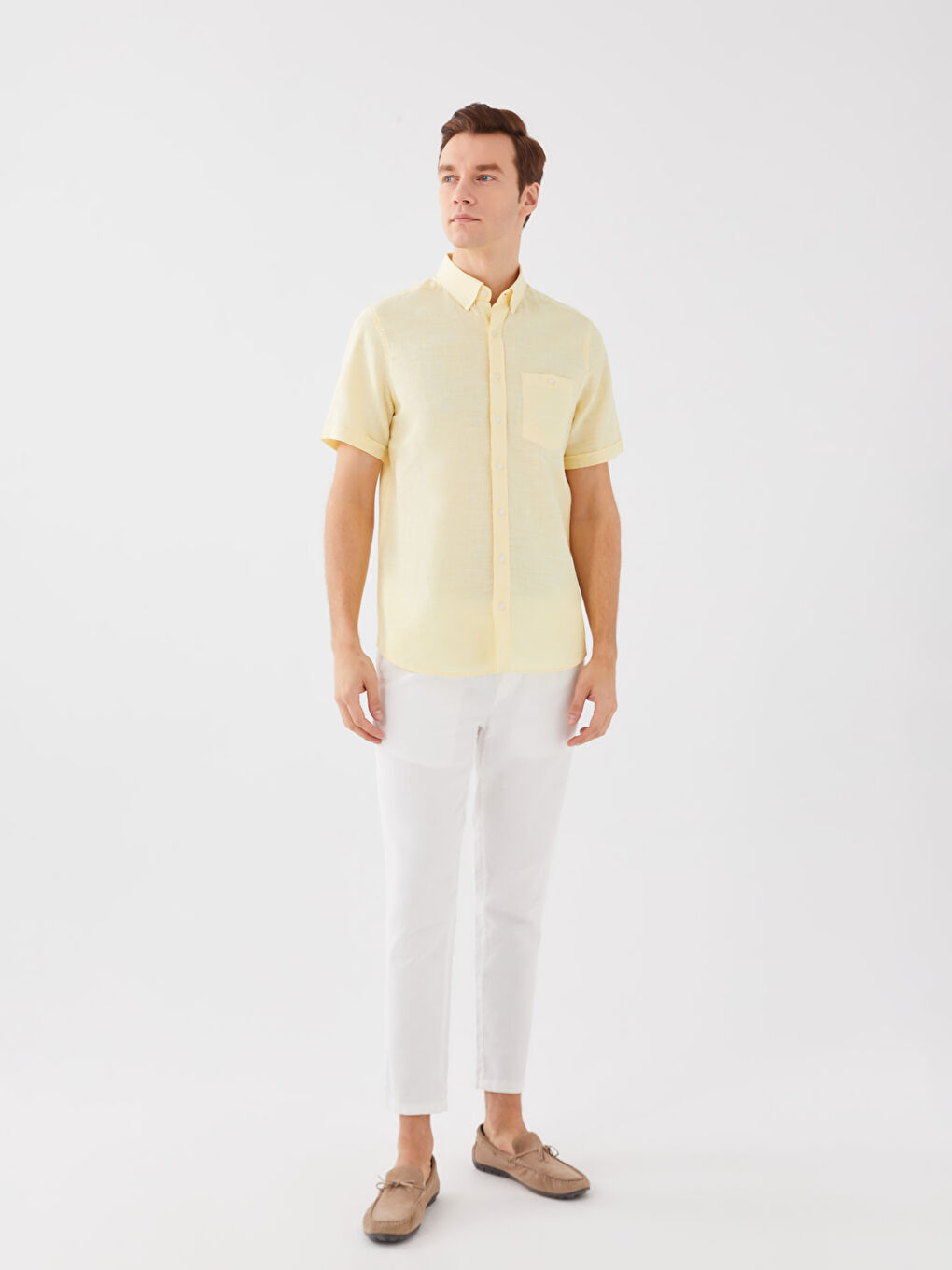 قميص رجالي كم قصير بقماش خليط كتان بقصة عادية-2