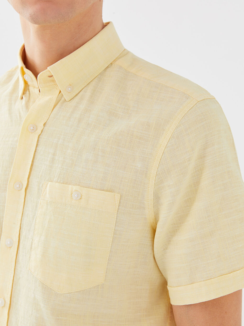 قميص رجالي كم قصير بقماش خليط كتان بقصة عادية-3