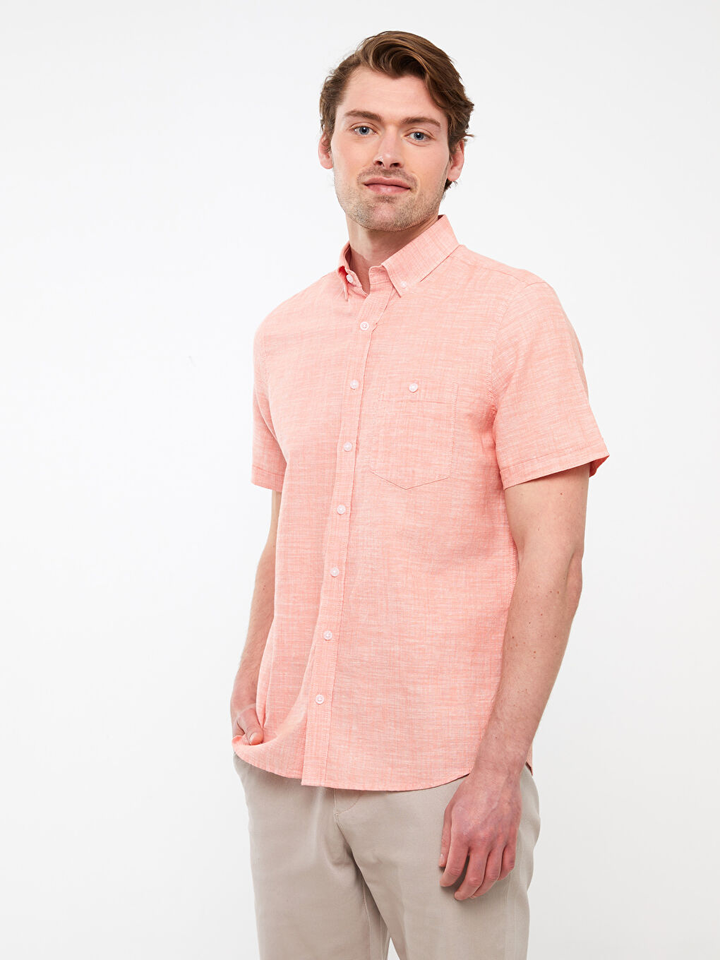 Turuncu Regular Fit Kısa Kollu Keten Karışımlı Erkek Gömlek