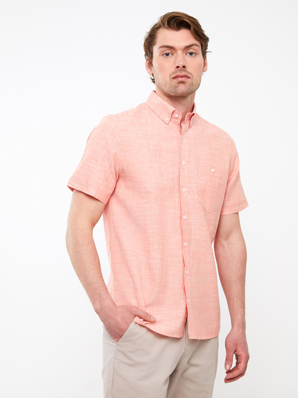 Turuncu Regular Fit Kısa Kollu Keten Karışımlı Erkek Gömlek-1
