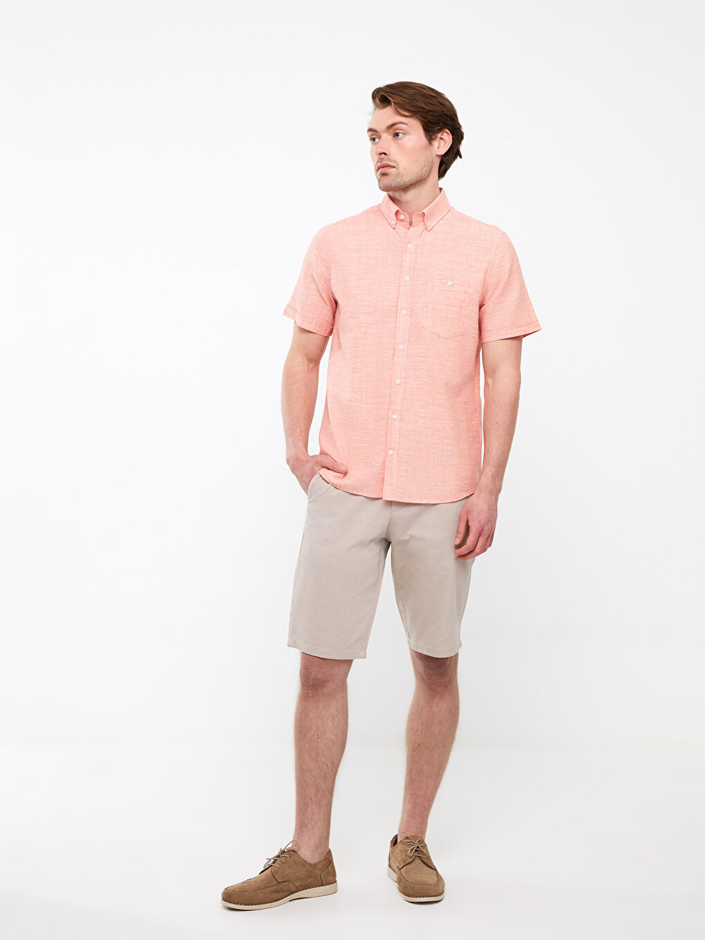 Turuncu Regular Fit Kısa Kollu Keten Karışımlı Erkek Gömlek-2