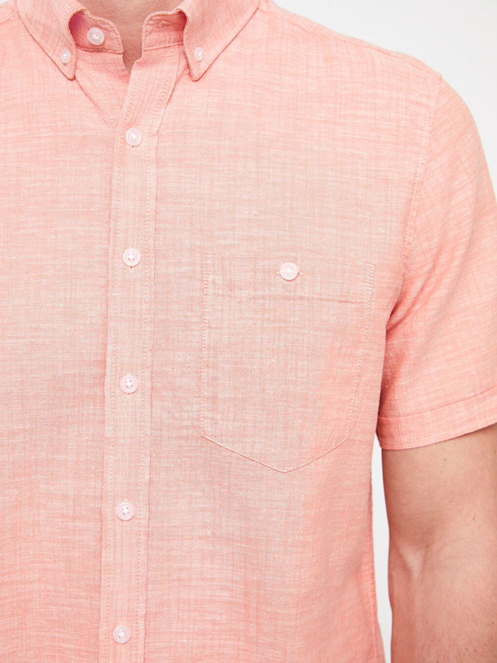 Turuncu Regular Fit Kısa Kollu Keten Karışımlı Erkek Gömlek-3