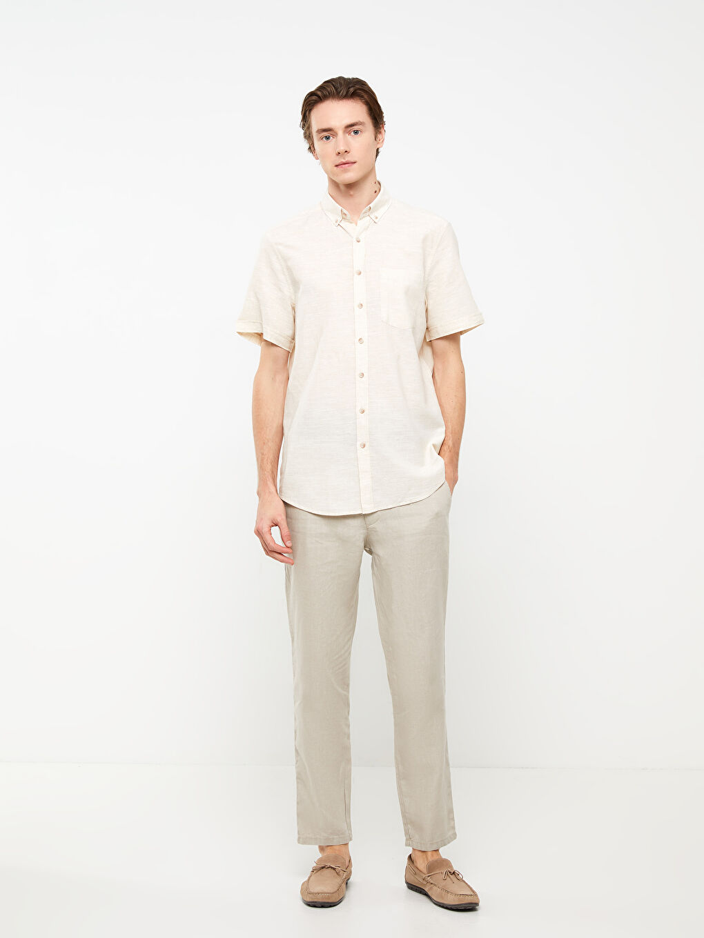 LCWAIKIKI Basic Bej Regular Fit Kısa Kollu Keten Karışımlı Erkek Gömlek - 2