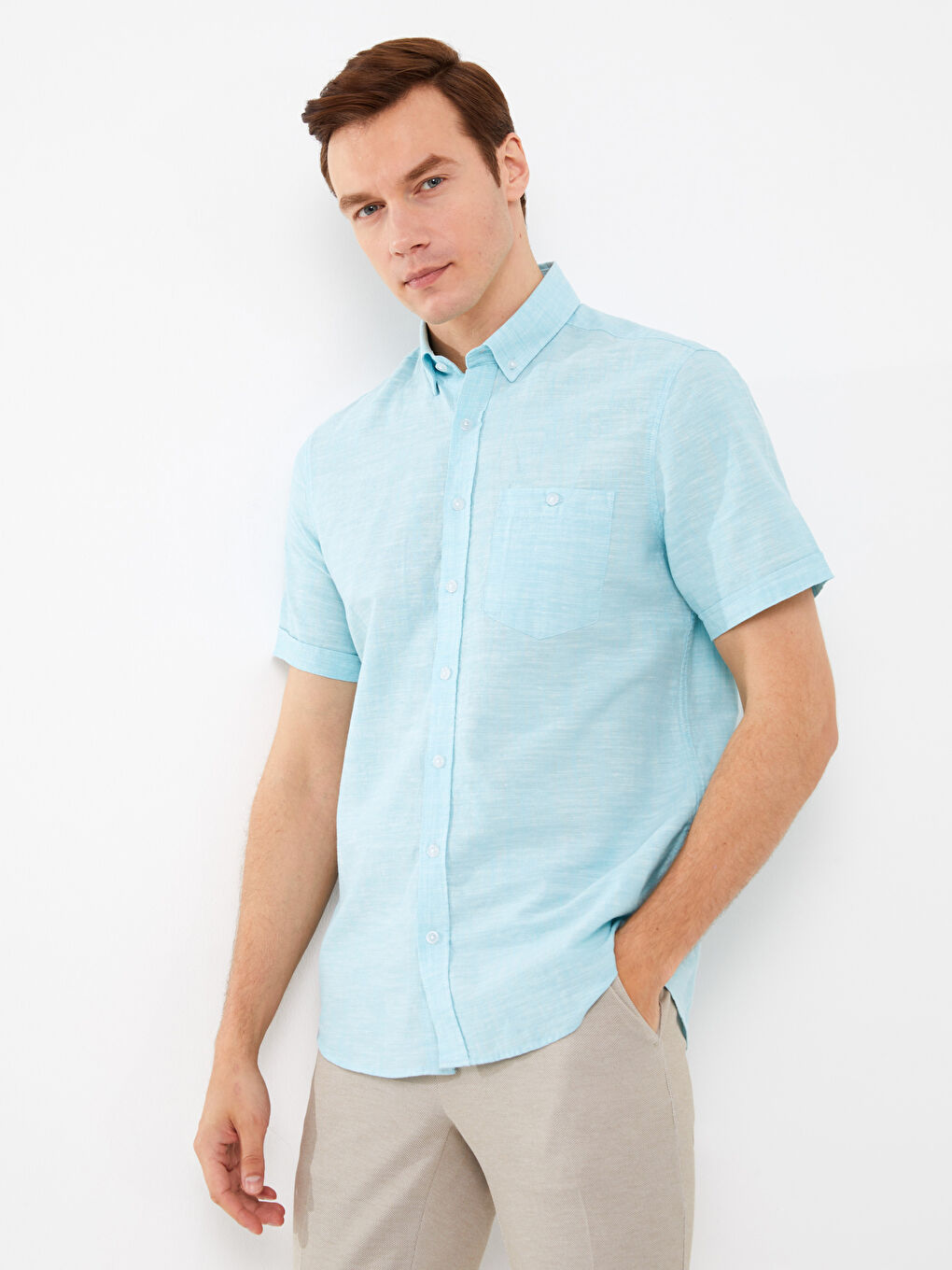 Regular Fit Short Sleeve Linen Blend Men's Shirt