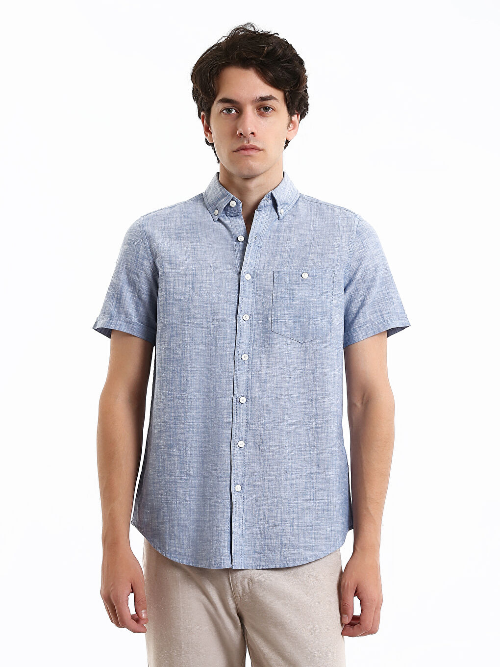 Regular Fit Short Sleeve Linen Blend Men's Shirt-1