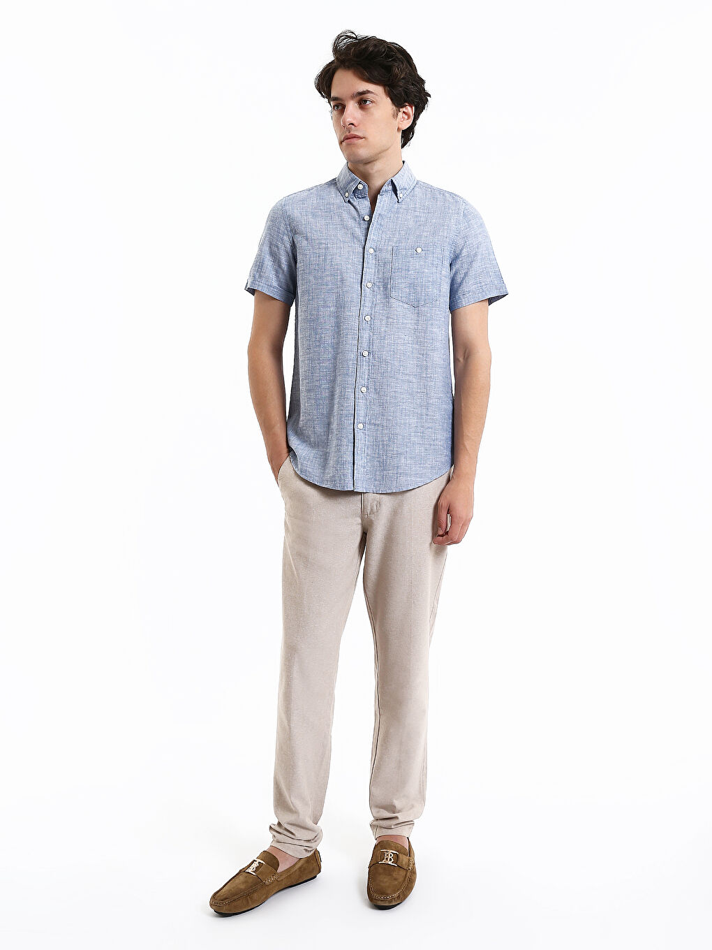 Regular Fit Short Sleeve Linen Blend Men's Shirt-2