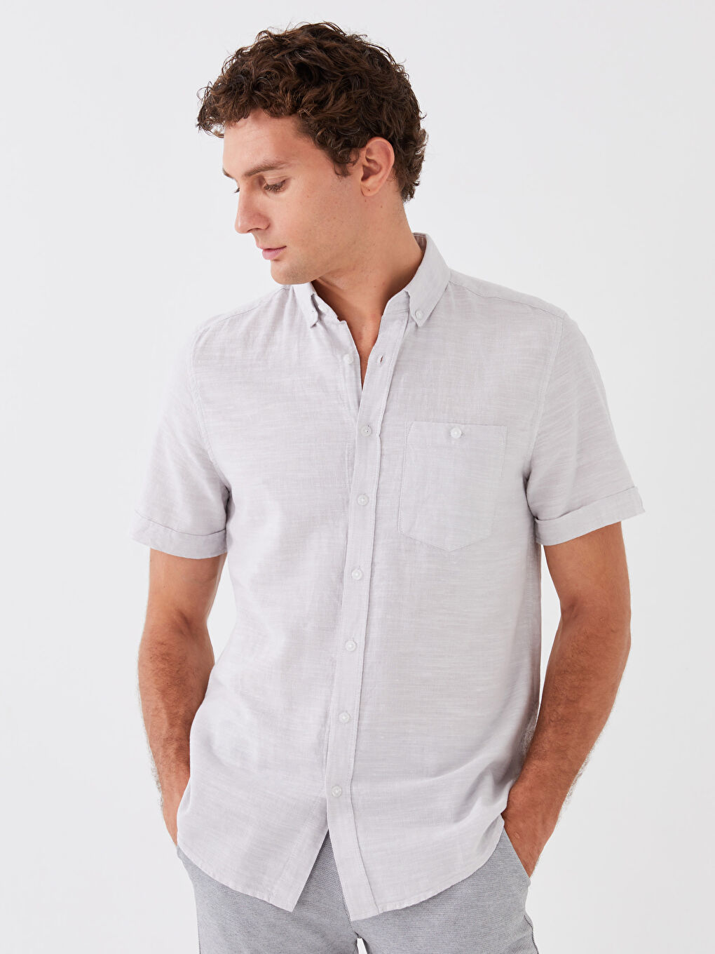 Gri Regular Fit Kısa Kollu Keten Karışımlı Erkek Gömlek