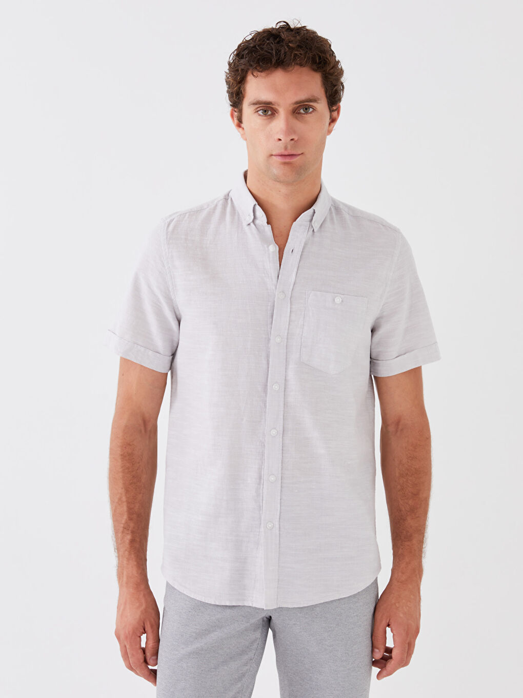 Gri Regular Fit Kısa Kollu Keten Karışımlı Erkek Gömlek-1