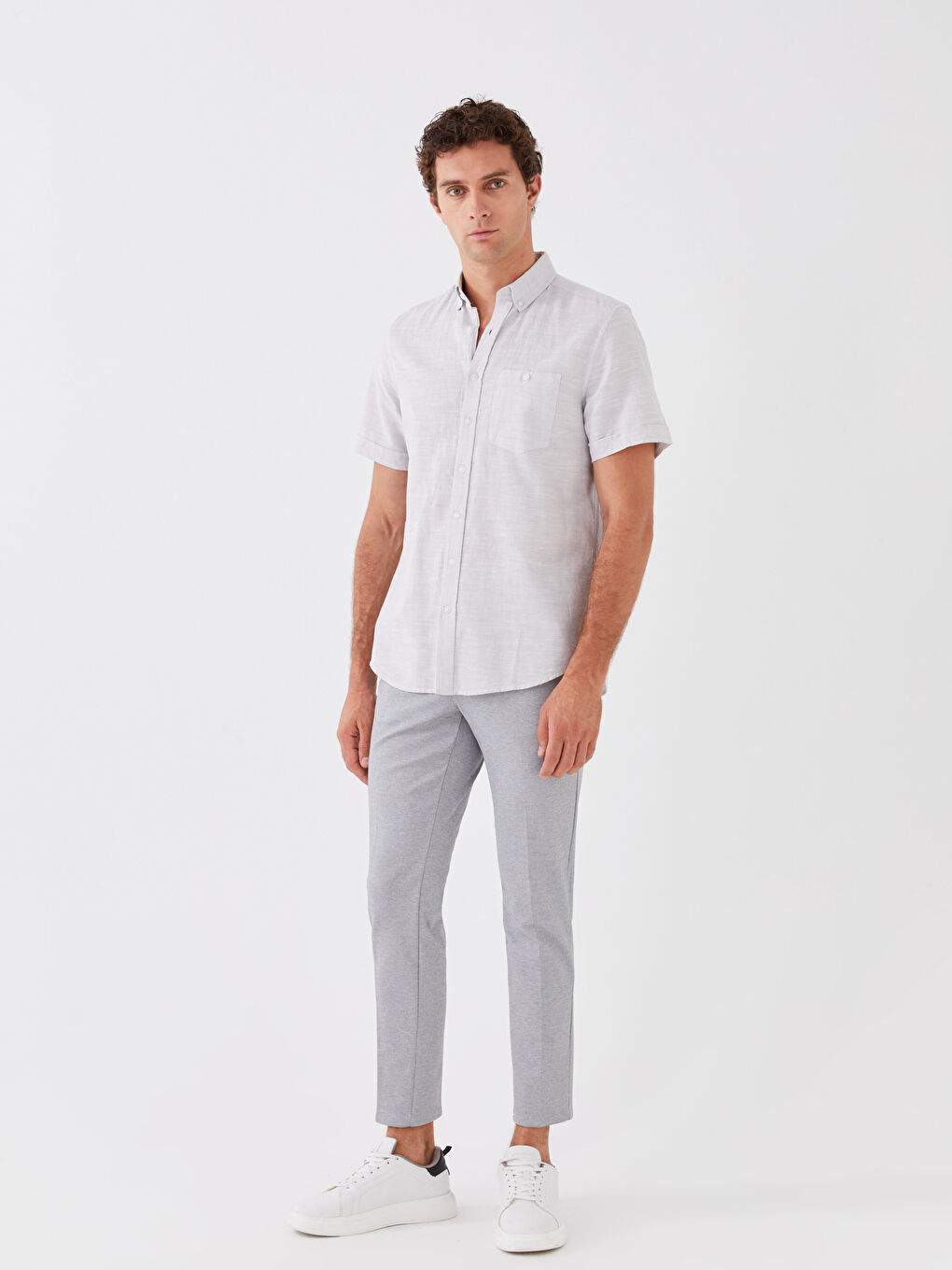 Gri Regular Fit Kısa Kollu Keten Karışımlı Erkek Gömlek-2