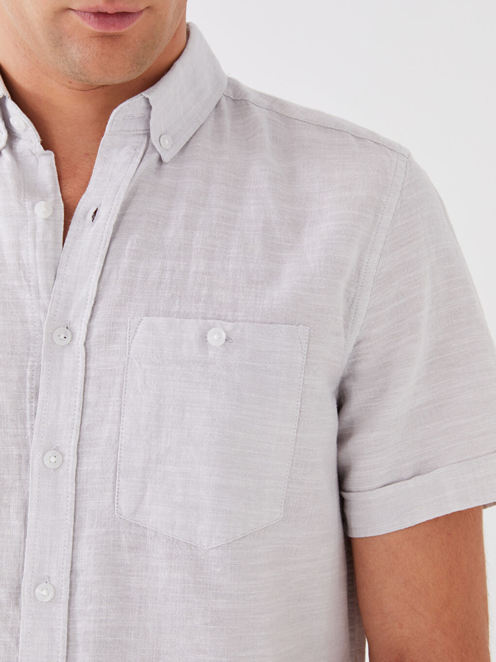 Gri Regular Fit Kısa Kollu Keten Karışımlı Erkek Gömlek-3