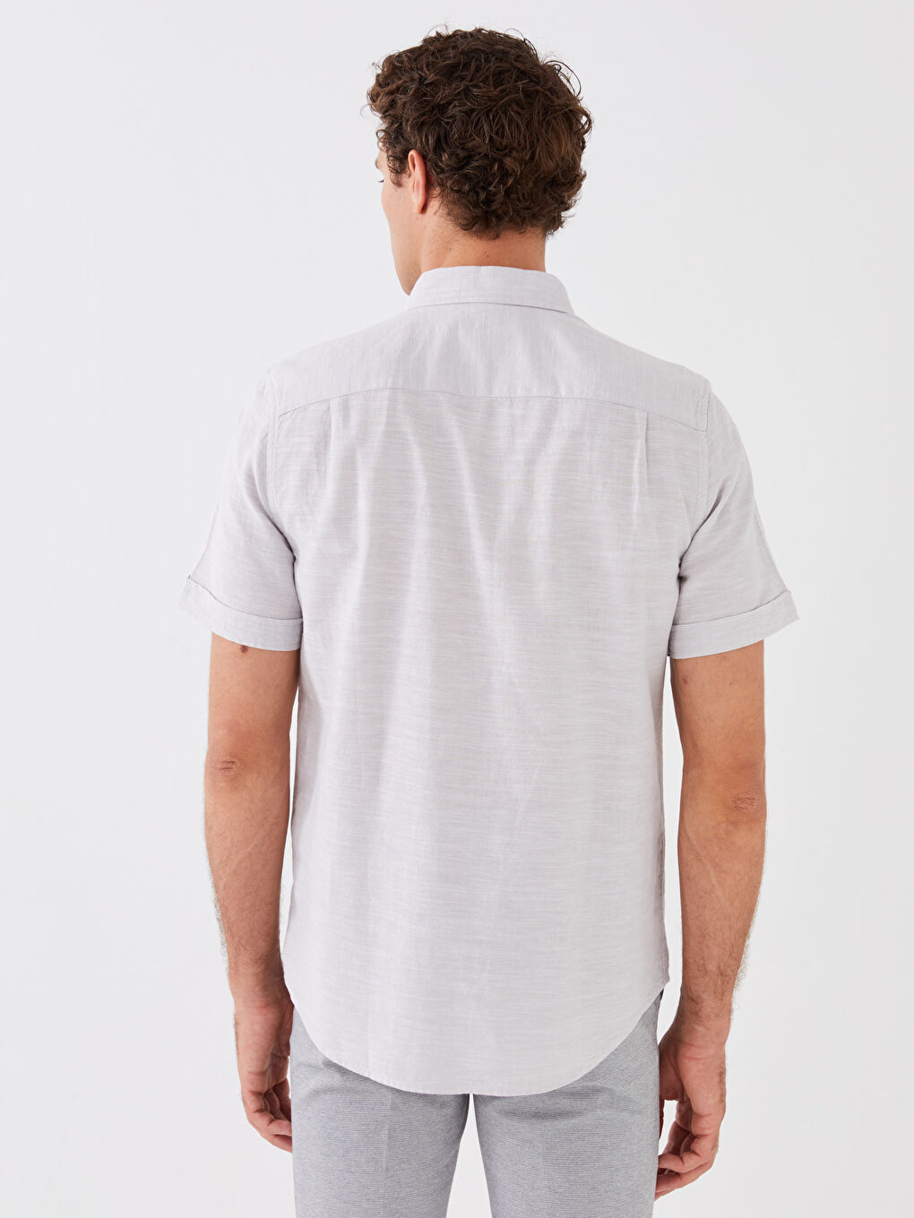 Gri Regular Fit Kısa Kollu Keten Karışımlı Erkek Gömlek-4