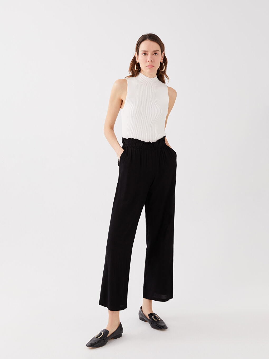 Elastic Waist Comfortable Fit Straight Crinkled Women's Trousers
