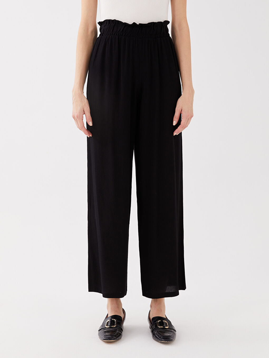 Elastic Waist Comfortable Fit Straight Crinkled Women's Trousers-4