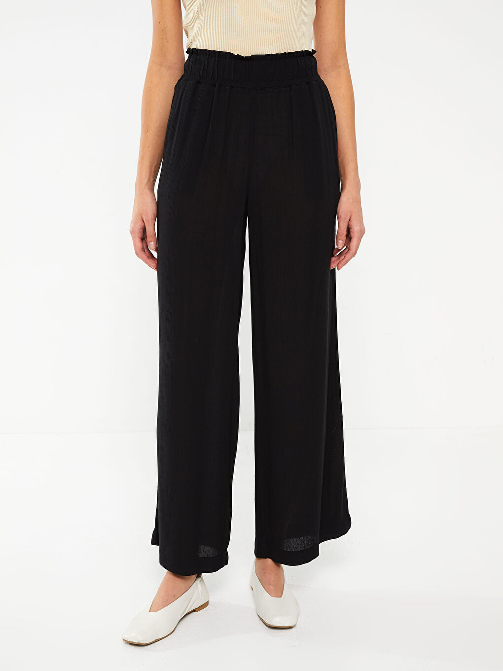 Elastic Waist Comfortable Fit Straight Crinkled Women's Trousers-5