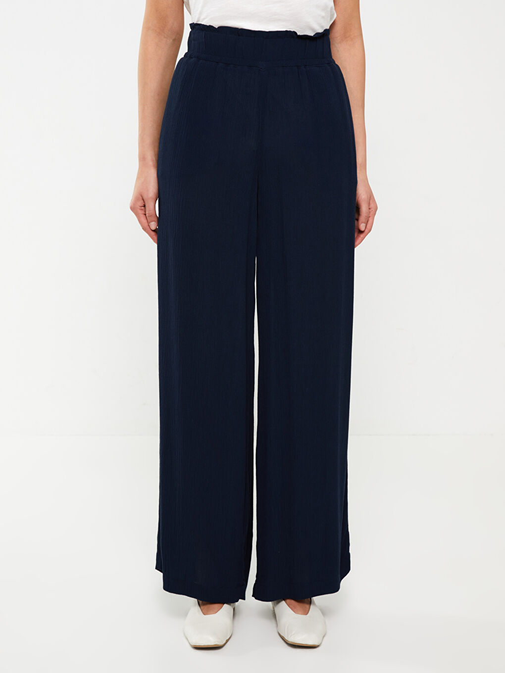 Lacivert Beli Lastikli Rahat Kalıp Düz Krinkle Kadın Pantolon-2