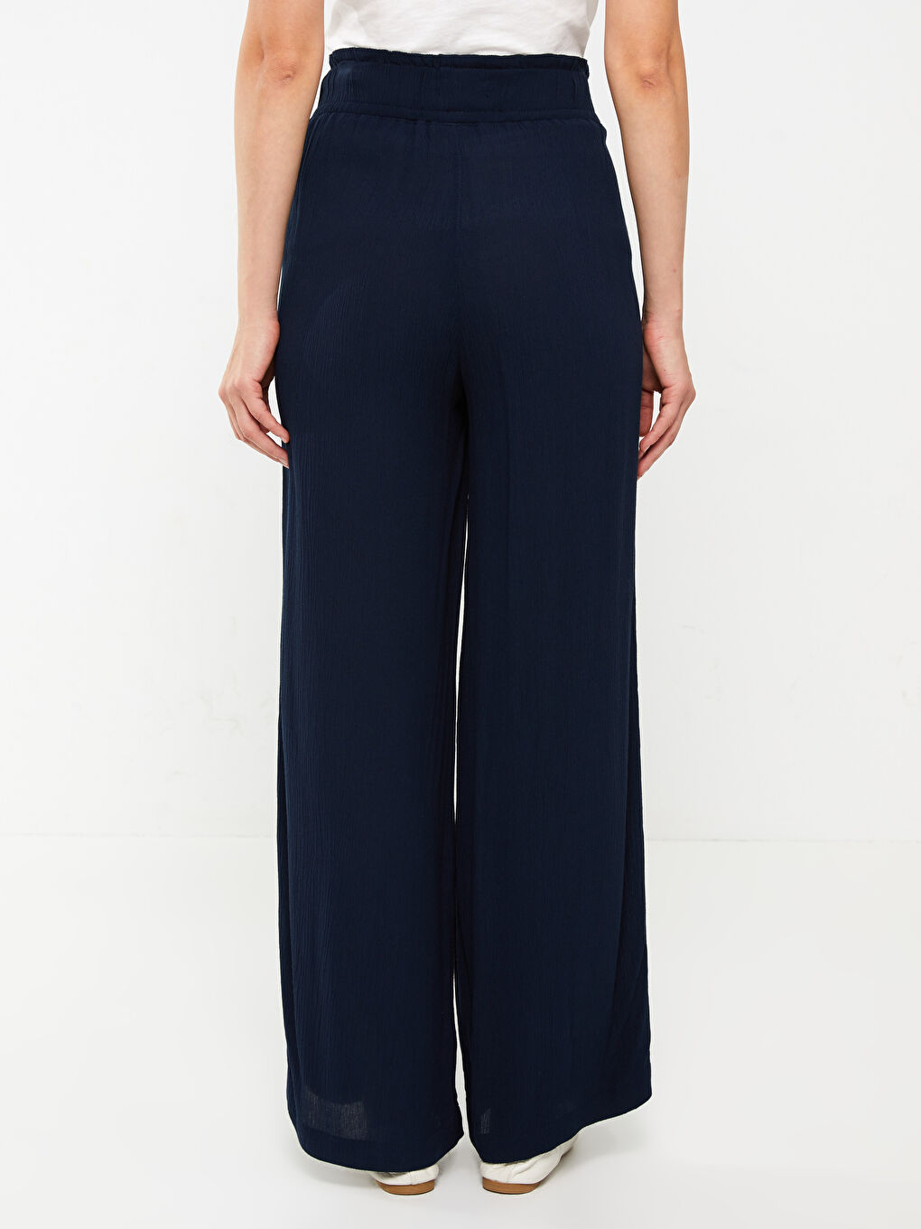 Lacivert Beli Lastikli Rahat Kalıp Düz Krinkle Kadın Pantolon-4