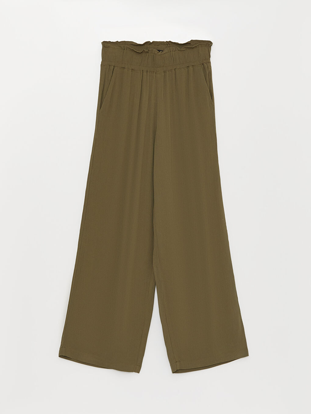 Haki Beli Lastikli Rahat Kalıp Düz Krinkle Kadın Pantolon-5