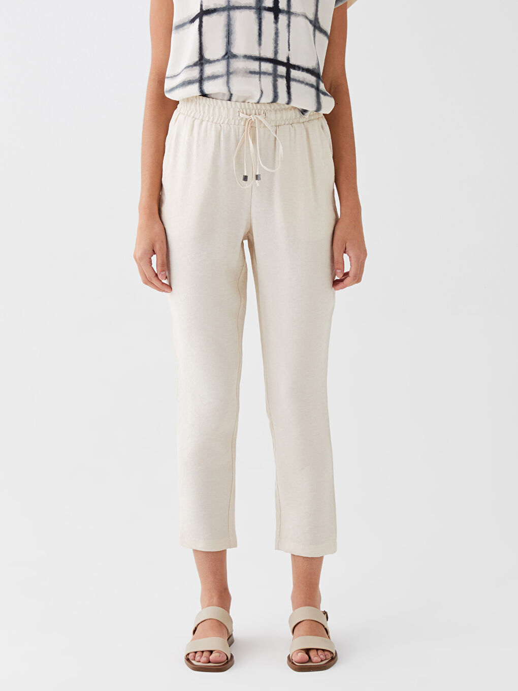 Bej Beli Lastikli Havuç Kesim Kadın Pantolon-3