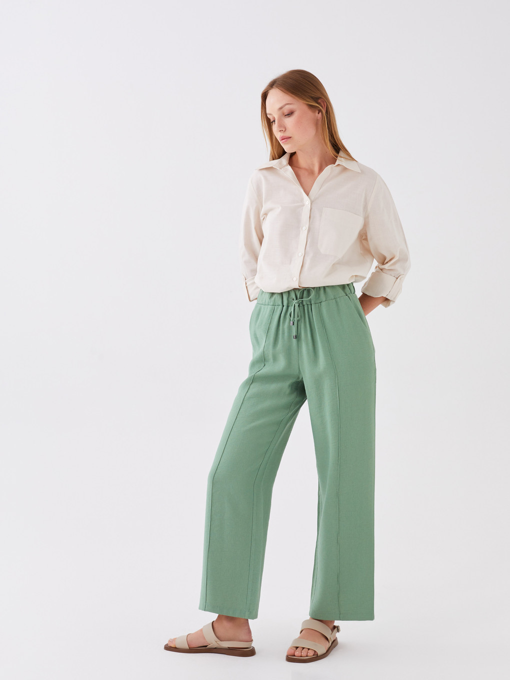 Women's Elastic Waist Plain Trousers-1