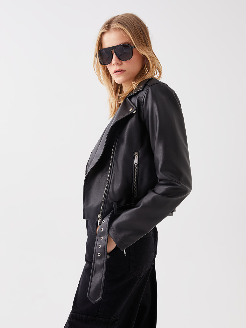 Jachetă din Piele Ecologică Simplă cu Guler Biker pentru Femei