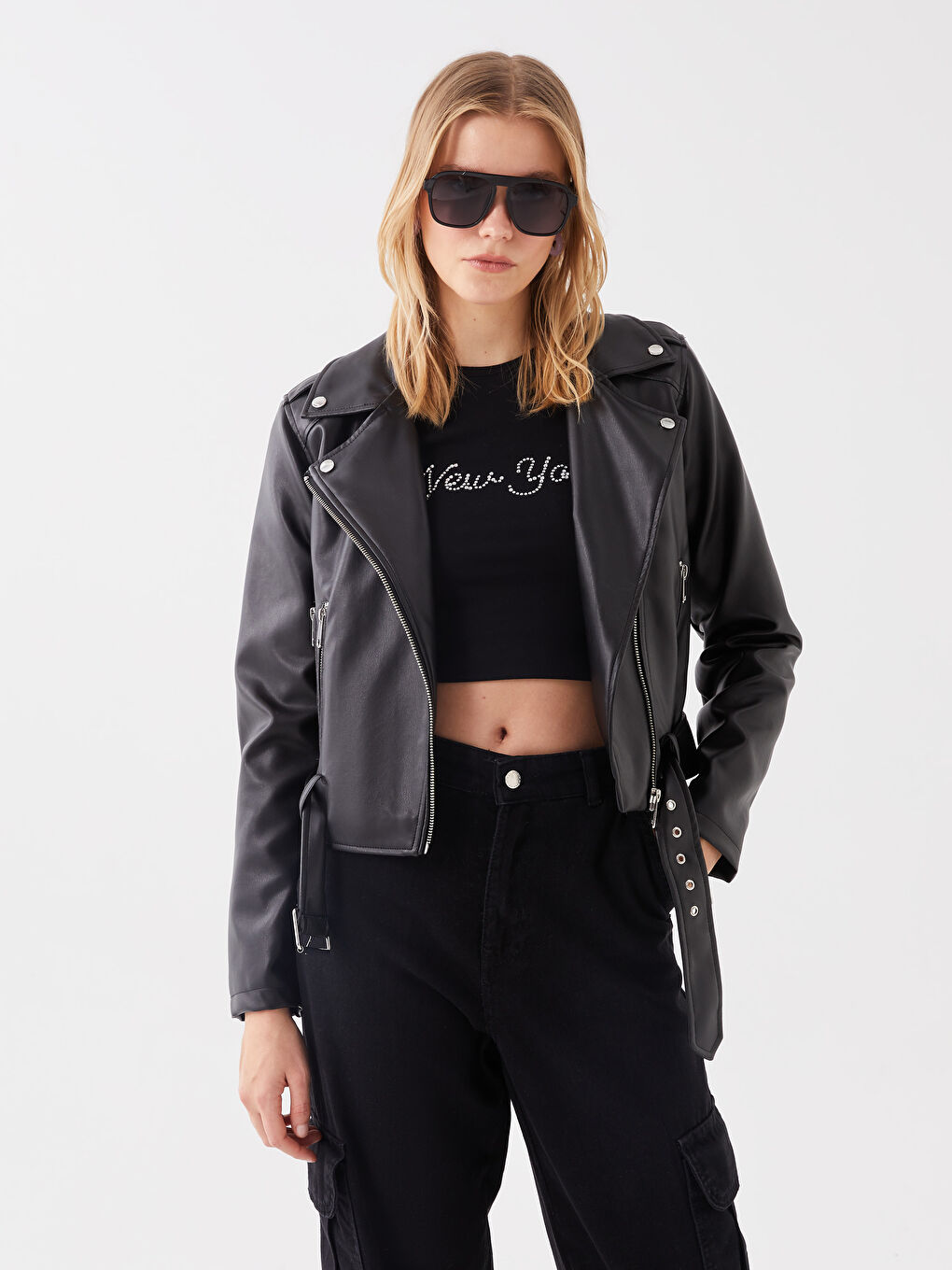 Jachetă din Piele Ecologică Simplă cu Guler Biker pentru Femei-1