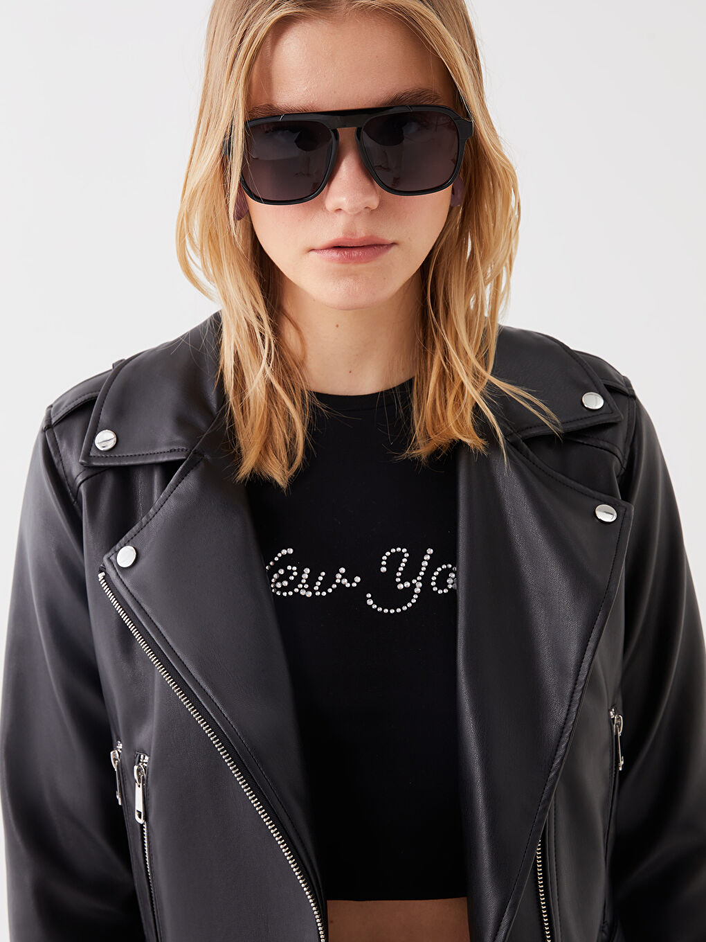 Jachetă din Piele Ecologică Simplă cu Guler Biker pentru Femei-2