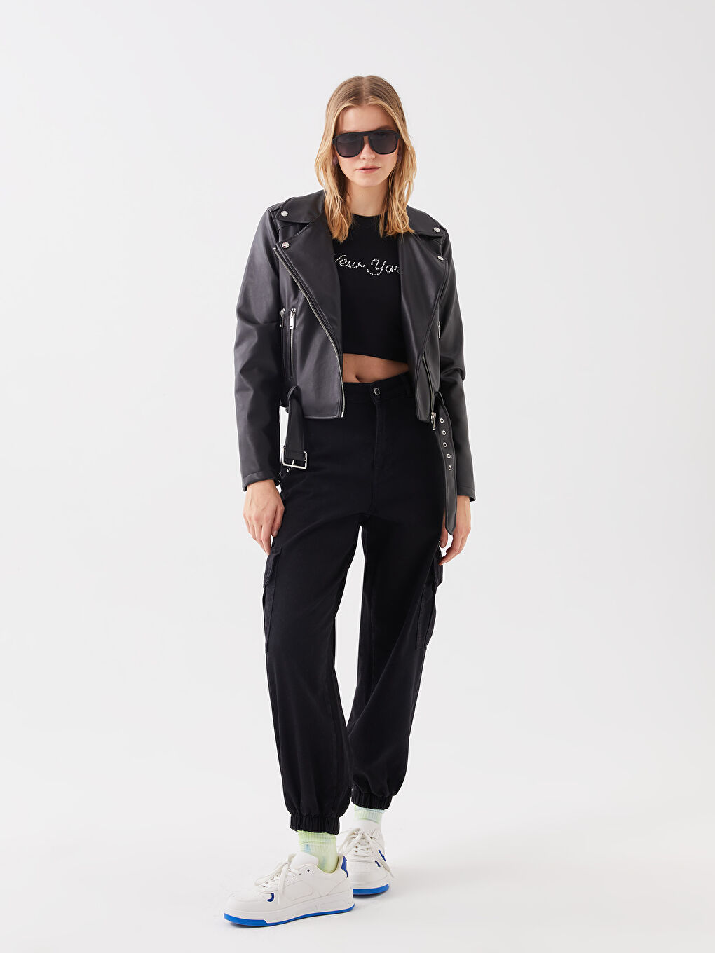 Jachetă din Piele Ecologică Simplă cu Guler Biker pentru Femei-3