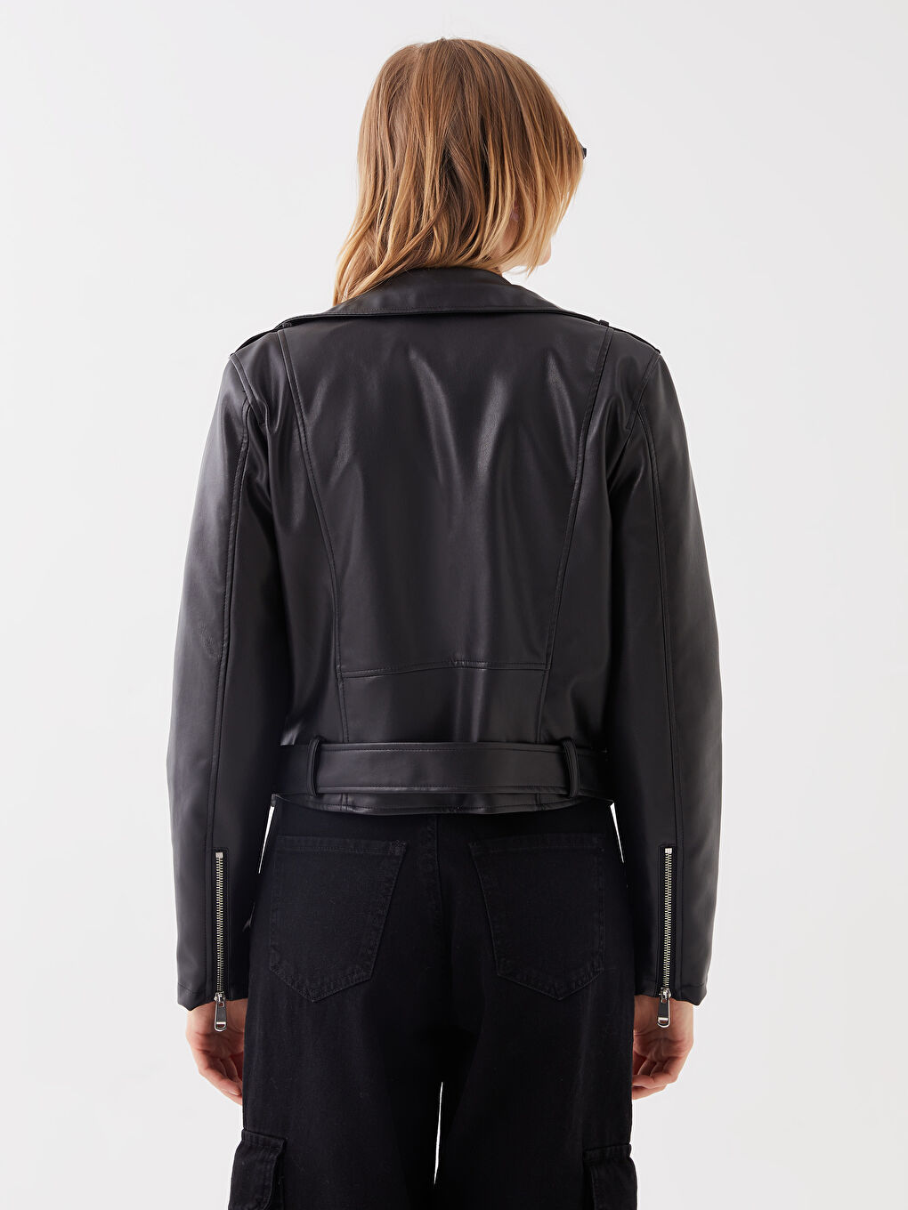 Jachetă din Piele Ecologică Simplă cu Guler Biker pentru Femei-6
