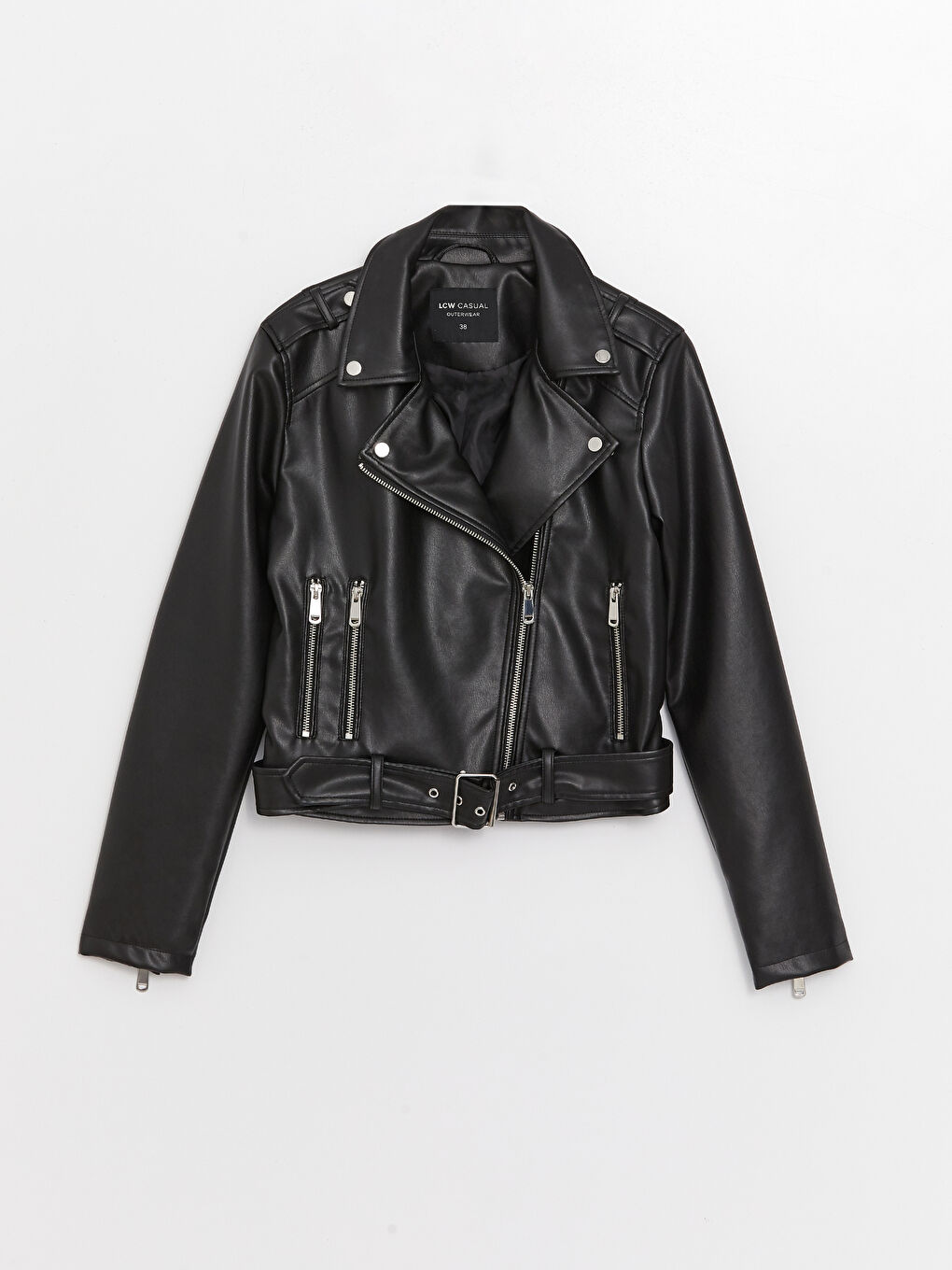 Jachetă din Piele Ecologică Simplă cu Guler Biker pentru Femei-7