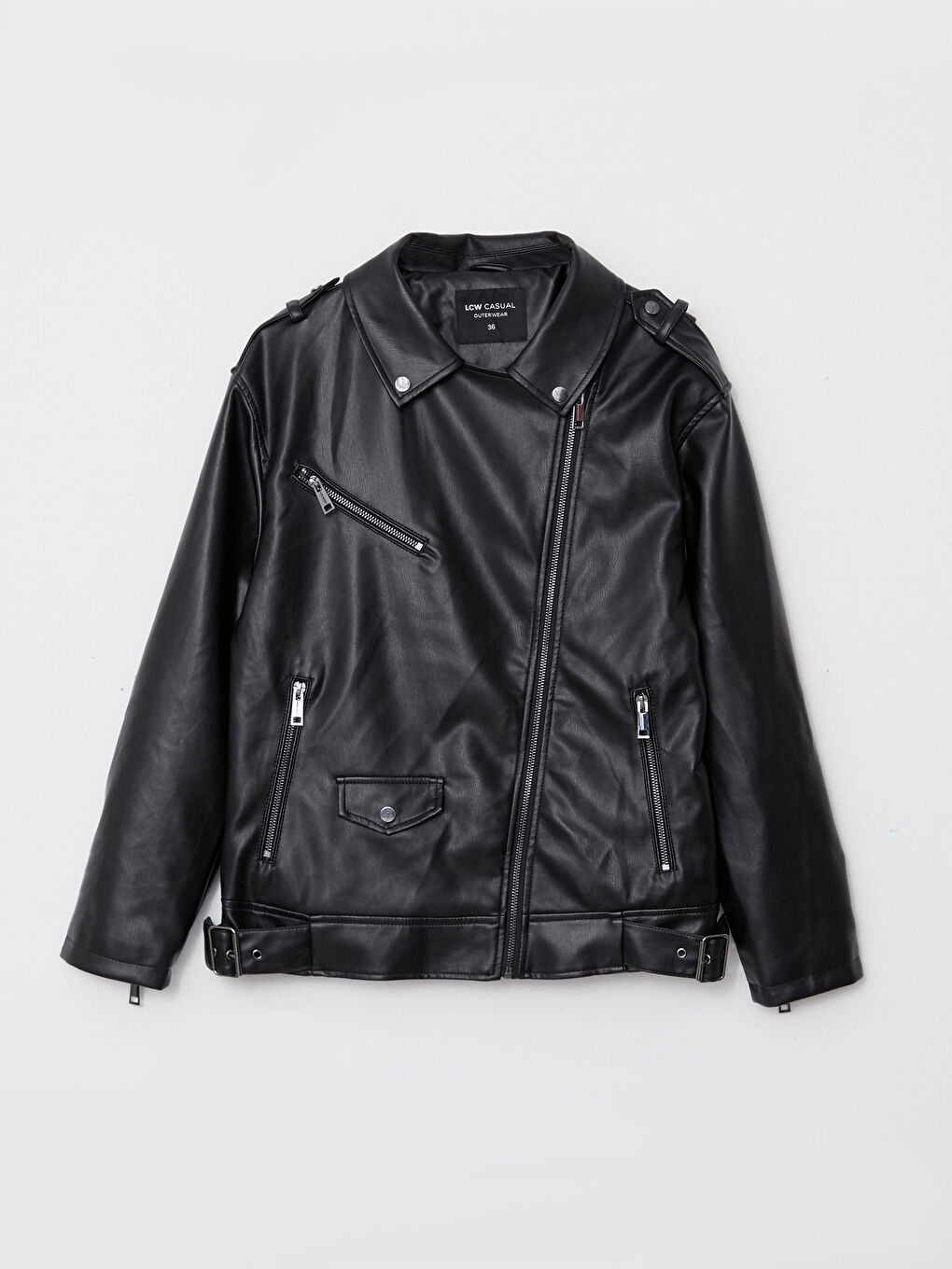 Siyah Kadın Biker Yaka Düz Deri Görünümlü Mont-6