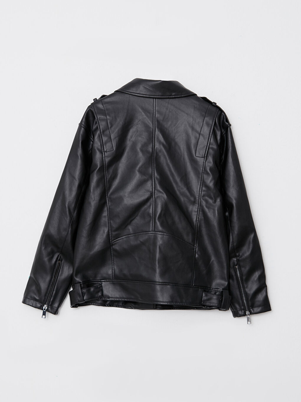 Siyah Kadın Biker Yaka Düz Deri Görünümlü Mont-7